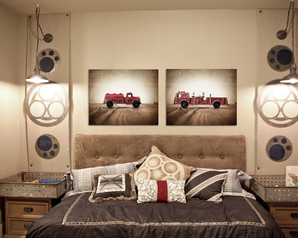 Two Canvases Ready to Hang, Vintage Fireman Watering Truck and Fire Engine - Saint & Sailor Studios