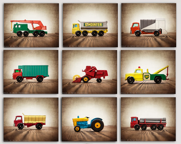 Vintage Matchbox Work Trucks, Set of Nine Stretched Canvas prints - Saint & Sailor Studios