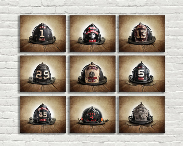 Nine Canvases Ready to Hang, Vintage Fireman Helmets - Saint & Sailor Studios