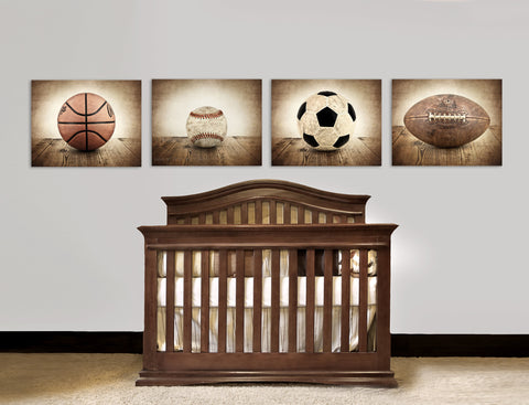 Set of Four Canvases Ready to Hang, Vintage Single Baseball, Soccer, Football and Basketball - Saint & Sailor Studios
