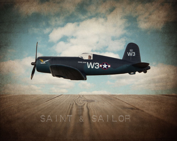 Vintage WWII Airplane Navy Blue Corsair - Saint & Sailor Studios