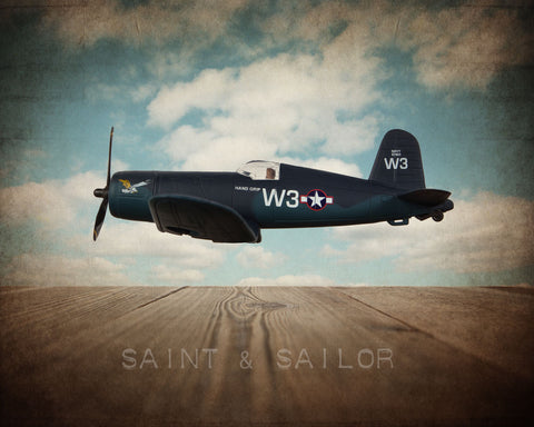 Vintage WWII Airplane Navy Blue Corsair - Saint & Sailor Studios