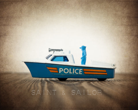 Vintage Matchbox Blue and White Police Boat - Saint & Sailor Studios
