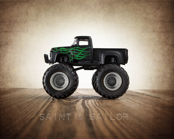 Vintage Monster Truck Black Ford with Green Flames - Saint & Sailor Studios