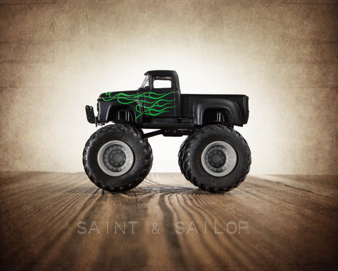 Vintage Monster Truck Black Ford with Green Flames - Saint & Sailor Studios