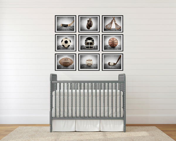 Vintage Football, Baseball, Soccer and Basektball, Set of Four Sports Balls on Barn Wood Photo Prints,Vintage Sports Nursery