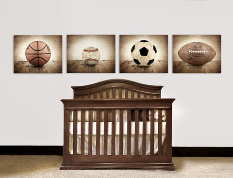 Vintage Football, Baseball, Soccer and Basektball, Set of Four Sports Balls on Barn Wood Photo Prints,Vintage Sports Nursery