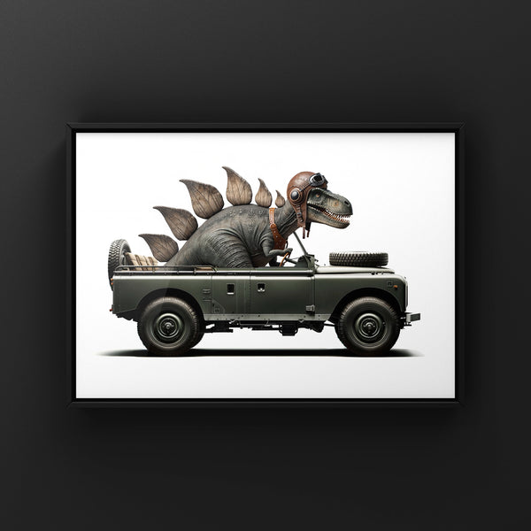 Stegosaurus Driving Green Land Rover Art Print, Dino Room Decor, Dinosaur Art, unframed print or canvas