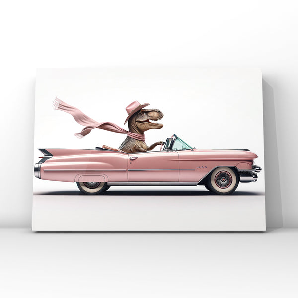 Cowgirl Dino Driving 1950s Pink Cadillac, Photo Print, Coquette Girl Room, Girly Aesthetic, Dinosaur Art, unframed print or canvas