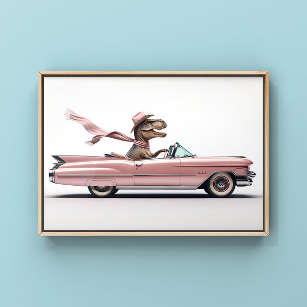 Cowgirl Dino Driving 1950s Pink Cadillac, Photo Print, Coquette Girl Room, Girly Aesthetic, Dinosaur Art, unframed print or canvas
