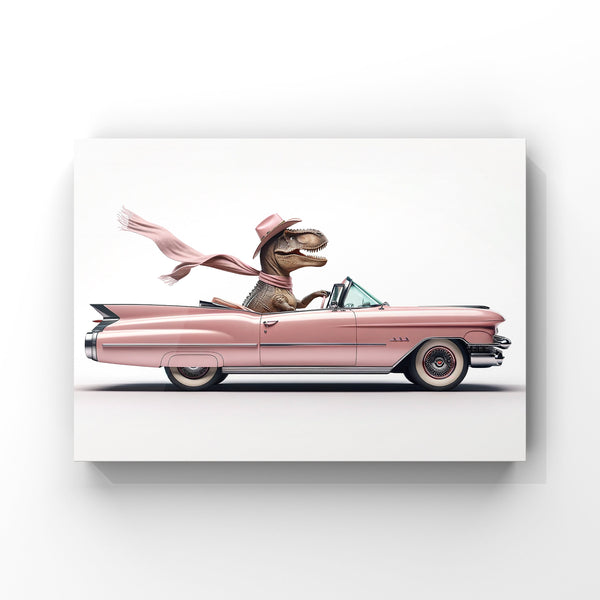 Cowgirl Dino Driving 1950s Pink Cadillac, Photo Print, Coquette Girl Room, Girly Aesthetic, Dinosaur Art, unframed print or canvas