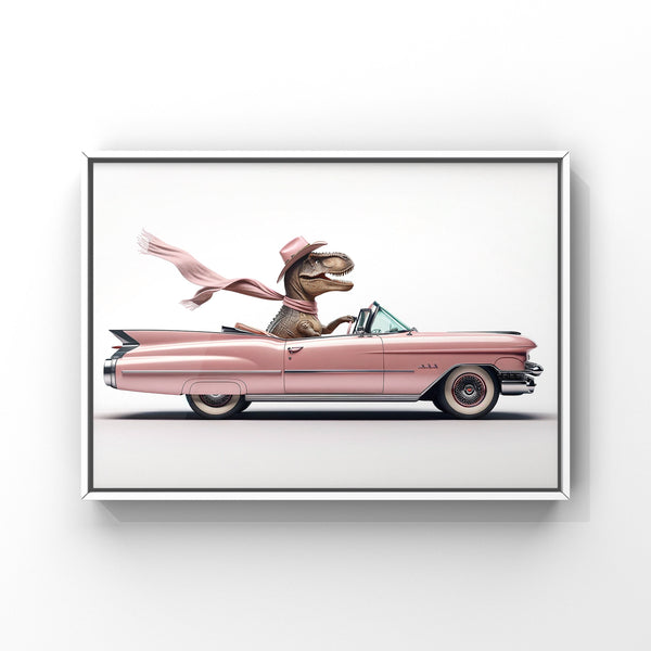 Cowgirl Dino Driving 1950s Pink Cadillac, Photo Print, Coquette Girl Room, Girly Aesthetic, Dinosaur Art, unframed print or canvas