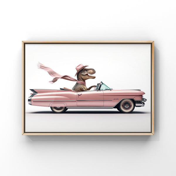 Cowgirl Dino Driving 1950s Pink Cadillac, Photo Print, Coquette Girl Room, Girly Aesthetic, Dinosaur Art, unframed print or canvas