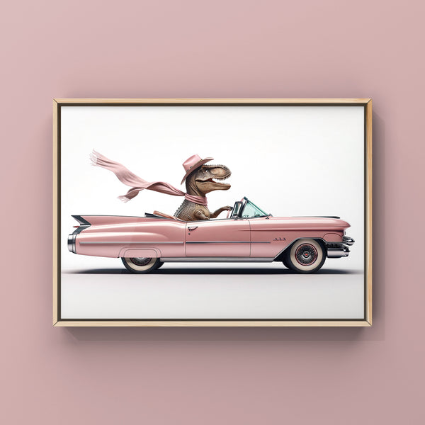 Cowgirl Dino Driving 1950s Pink Cadillac, Photo Print, Coquette Girl Room, Girly Aesthetic, Dinosaur Art, unframed print or canvas