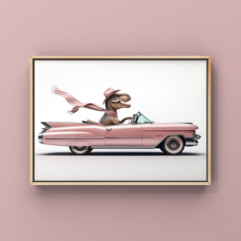 Cowgirl Dino Driving 1950s Pink Cadillac, Photo Print, Coquette Girl Room, Girly Aesthetic, Dinosaur Art, unframed print or canvas
